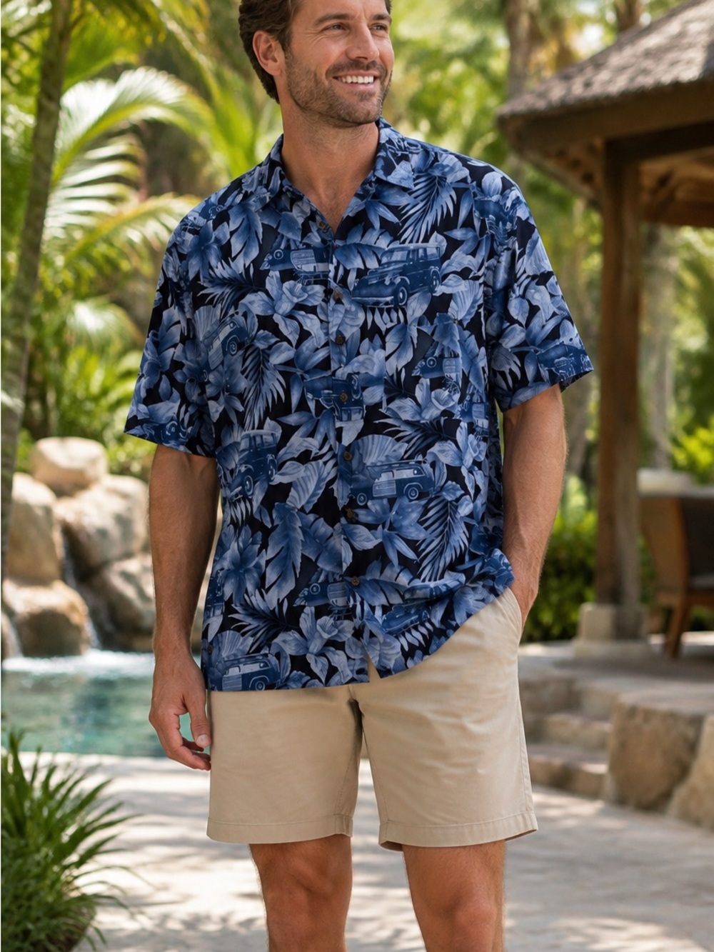 Panama Jack Men’s XL Blue Hawaiian Shirt Tropical Cars Button Cruise Coastal